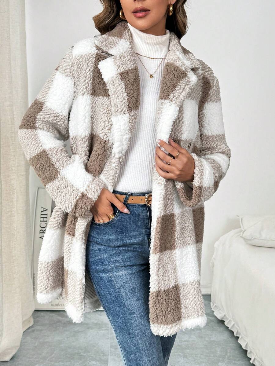 SHEIN Clasi 女士格子羊毛翻领长袖休闲常规外套，冬季 - 彩色 - 查看 1