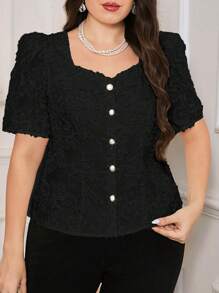 Mulvari Plus Size Summer Elegant Solid Color Cutout Puff Sleeve Blouse - Black - View 3