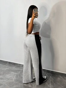 Slaydiva 女士前系带纯色花卉印花休闲街头风格运动裤 - 彩色 - 查看 2