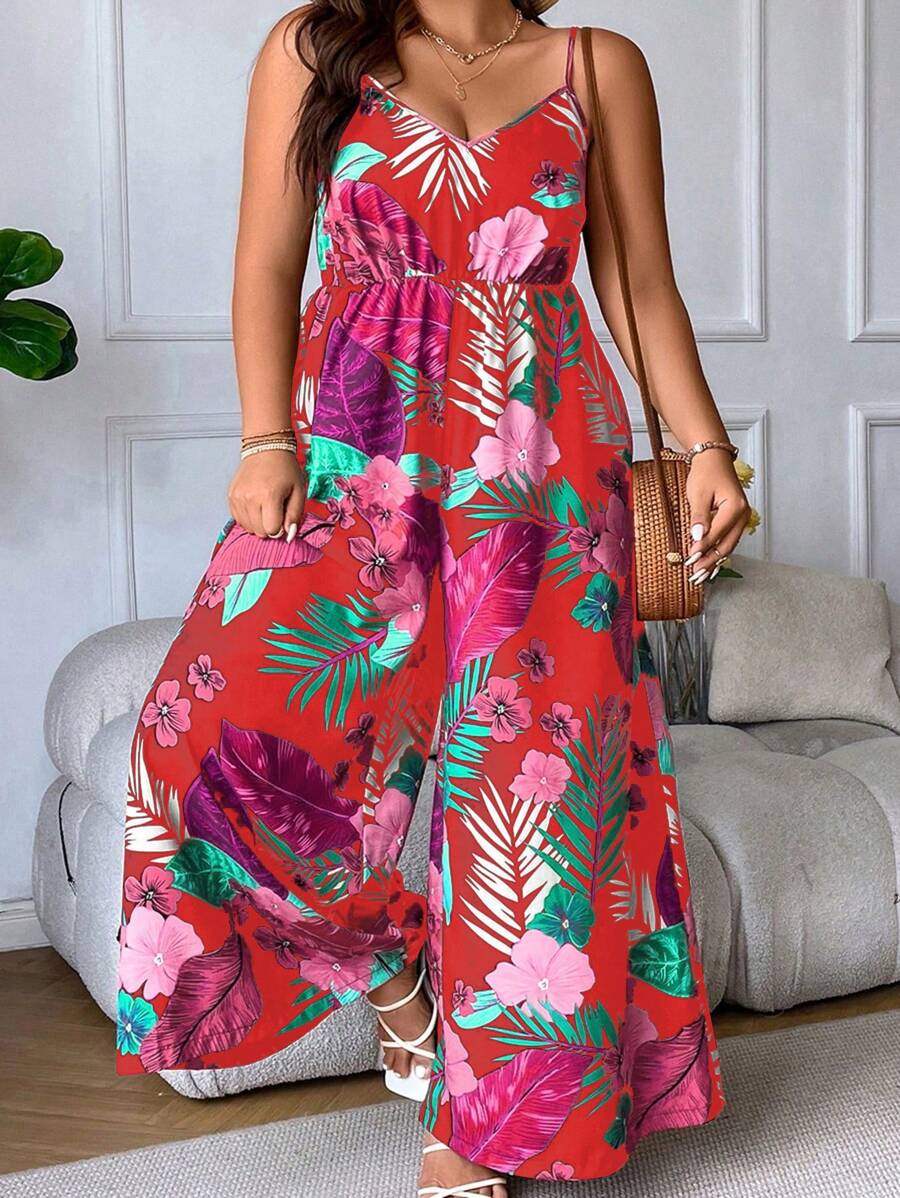 Breezaya 大码细肩带露背优雅全身印花连体裤 - 紅色 - 查看 1