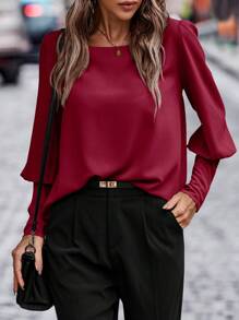 EMERY ROSE Women's Solid Color Elegant Fall Blouse With Gigot Sleeve And Single Back Button, Spring Summer,Long Sleeve Tops - Burgundy - View 3