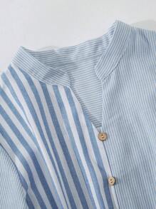 SHEIN LUNE 女士休闲条纹拼布 V 领短袖修身衬衫 - 淺藍色 - 查看 6