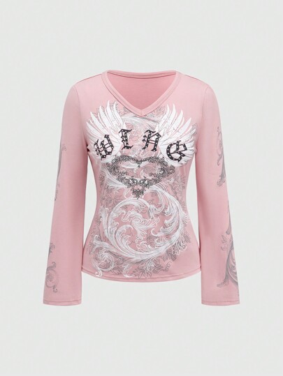 Fairycore Women's Spring & Summer V-Neck Long Sleeve Casual T-Shirt With Letter & Wing Print