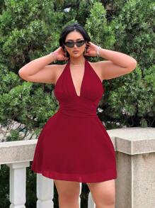 Flirla Plus Size Cross Front Backless Sleeveless Solid Color Chiffon Dress - Burgundy - View 4