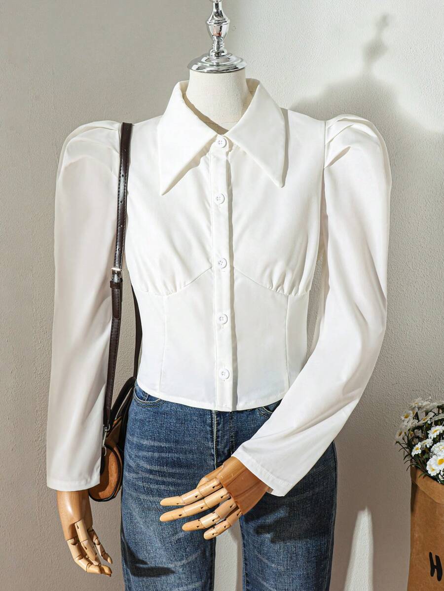 Teen Girl MOD Retro French Renaissance Puff Sleeve White Blouse, Versatile - White - View 1