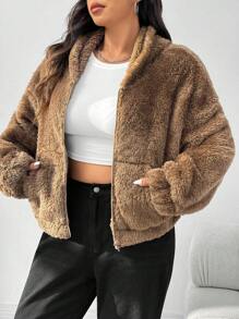 SHEIN EZwear Plus Size Reversible Hooded Jacket, For Winter - Khaki - View 1
