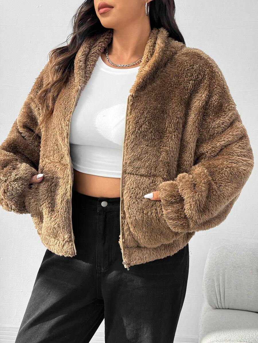 SHEIN EZwear Plus Size Reversible Hooded Jacket, For Winter - Khaki - View 1