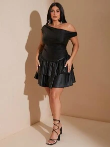 SHEIN BAE Abito mini in pelle PU nera asimmetrico con una spalla, plissettato e arricciato a volant, elegante e dolce, adatto per feste di Ognissanti e appuntamenti romantici. Abito nero per il ballo di fine anno. - nero - Visualizzare 8