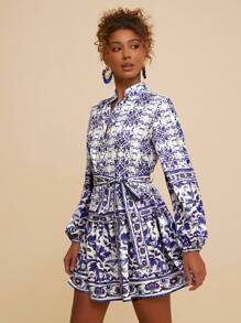 Travachic Blue & White Flower Printed With Long Sleeves Women's  Dress,Fall Women Dresses,Fall Women Clothes,Long Sleeve, - Blue and White - View 5