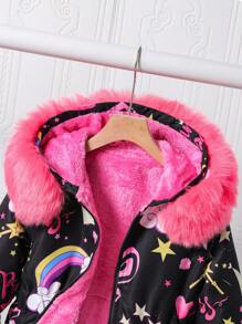 Sparklyn Tween Girl Heart & Star Print Thermal Lined Hooded Casual Jacket For Winter - Black - View 3