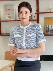 DAZY Color Block Front Button Faux Pocket Casual Crew Neck Short Sleeve Knit Sweater T-Shirt Summer - Blue - View 7