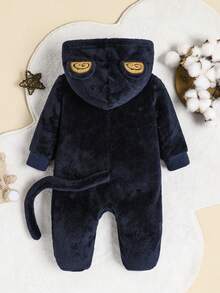 Infant Cute Cartoon Monkey Embroidered Fleece Romper Pajamas - Royal Blue - View 2