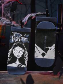 Corpse Bride X SHEIN 2pcs/Set Women Comfy Cartoon Design Ankle Socks,Lover In Wedding, Gifts For Valentine's Day,Valentine's Day
