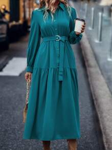 SHEIN LUNE Đầm sơ mi tay bồng màu trơn đơn giản cho nữ mùa xuân hè maxi trang phục nữ - Màu xanh bụi bặm - Xem 3