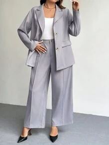 SHEIN Privé Plus Size Elegant Business/Party Suit Set - Long Sleeve Blazer Jacket & Trousers - Grey - View 5