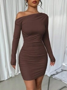 Selianne Long Sleeve Asymmetric Ruched Slim Fit Casual Dress, Spring & Autumn , Brown Fall Cloth For Women - Coffee Brown - View 5
