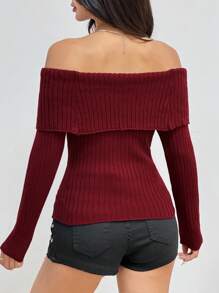 Flirla 女式露肩有领开衫 - 酒紅色 - 查看 2