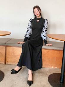 FRIFUL Women's Floral Print Bubble Sleeve Keyhole Neck Elegant Dress,Fall Dress Long Sleeve Dress