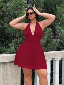 Flirla Plus Size Cross Front Backless Sleeveless Solid Color Chiffon Dress - Burgundy - View 3