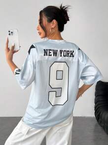 SHEIN PETITE 街头活动缎面字母星星印花男友风格宽松针织 T 恤，棒球服 - 藍色 - 查看 3