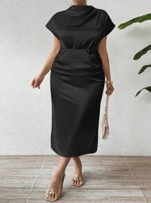 SHEIN Clasi 夏季大碼女士純色立領蝙蝠短袖腰部褶皺優雅長裙 - 黑色 - 查看 5