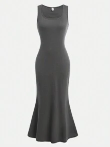 SHEIN Girlism 2pcs/Set Teen Girls Heather Gray Knitted Hoodie Cropped Sweater & Sleeveless Snug Fit Fish Tail Long Dress For Sports, Fleece, Thickened - Dark Grey - View 4