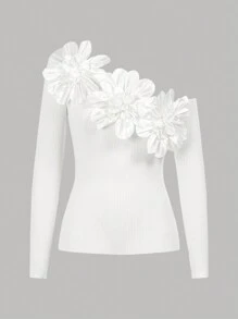 SHEIN Privé Maglione asimmetrico con spalle scoperte e decorazione floreale 3D, maglione da donna bianco da indossare per appuntamenti romantici, maglieria da donna per l autunno, adatto per appuntamenti romantici, vacanze, rientro a scuola, matrimoni, feste - Bianco - Visualizzare 6