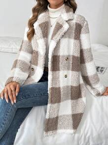 SHEIN Clasi 女士格子羊毛翻领长袖休闲常规外套，冬季 - 彩色 - 查看 3