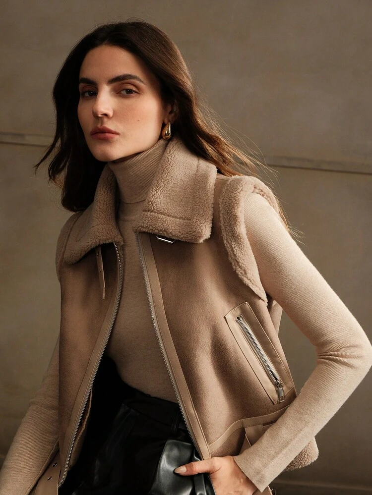 女性用 モダン マイヤード調 袖なしウィンターベスト ファー襟付き ベルト付き