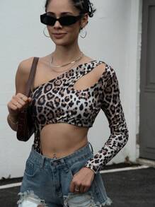 SHEIN ICON Tuta intera a maniche lunghe con stampa leopardata sexy e traforata per donne