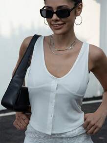 SHEIN ICON Damen ärmeloses Tanktop mit Knöpfen, unifarben, Lässig - Weiss - Übersicht 4