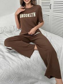 Letter Graphic Drop Shoulder Tee & Wide Leg Trousers Lounge Set - Coffee Brown - View 4