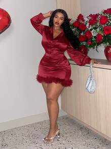 Slaydiva 2 件大码女式优雅时尚流苏拼布衬衫和裙子套装 - 酒紅色 - 查看 5