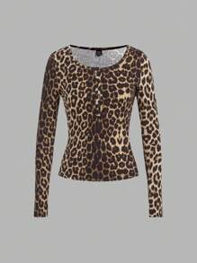 SHEIN EZwear Women's Solid Color + Leopard Print Half-Button Slim Fit T-Shirt, 3-Pack