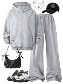 SHEIN 2pcs/Set Teen Girls Comfortable Casual Hooded Zip-Up Sweatshirt And Loose Pants Outfit - Grey - View 1