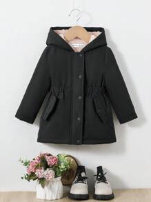 SHEIN Áo khoác dài vừa phải có mũ trùm đầu dày dặn cho bé gái, phù hợp mọi phong cách, mùa thu và đông - màu đen - Xem 4