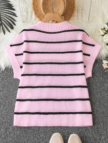 Calvaya 大码圆领条纹印花短袖针织上衣 - 粉色 - 查看 2