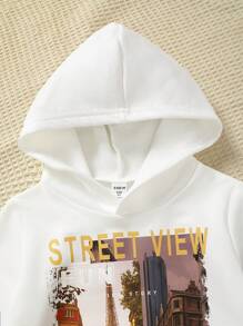 SHEIN 2pcs/Set Young Boy Casual Breathable Letter Print Hooded Sweatshirt And Jogger Pants Outfit, Suitable For Daily, Outdoor, School, And Shopping, Spring/Autumn - White - View 5