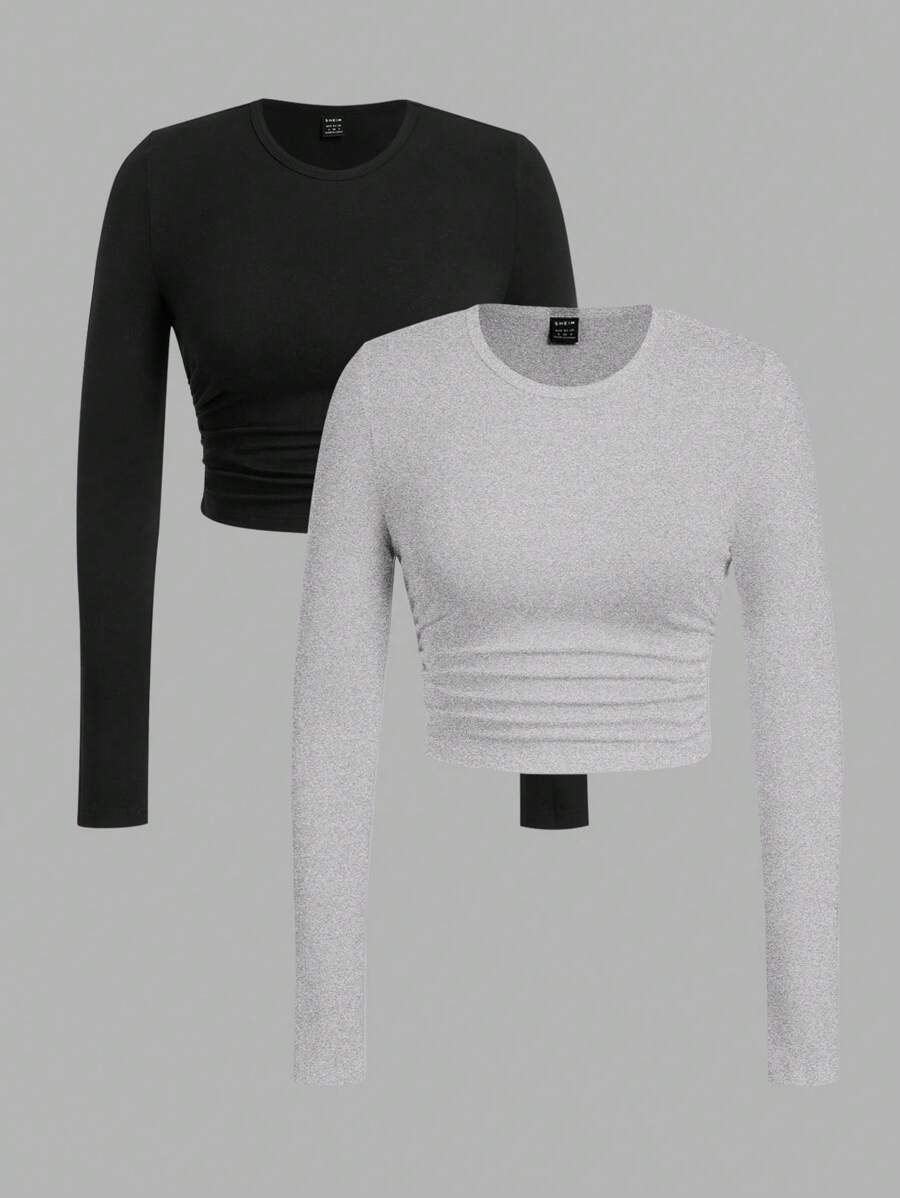 SHEIN EZwear 2 件套女士休闲简约黑灰色花卉印花圆领长袖 T 恤,适合春秋季节 - 彩色 - 查看 1