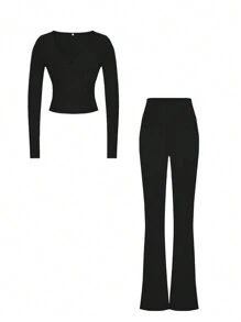 Women's Two Pieces Autumn Clothes Y2K Casual Daily Solid Color Simple Long-Sleeved V-Neck Top Fitted Long Pants Set