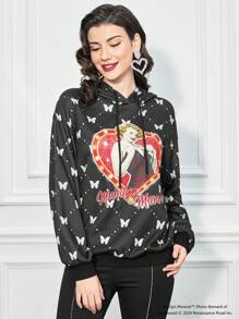 Marilyn Monroe X SHEIN Women Casual Loose Fit Butterfly & Figure Print Drop Shoulder Black Hoodie, Fall/Winter - Black - View 3