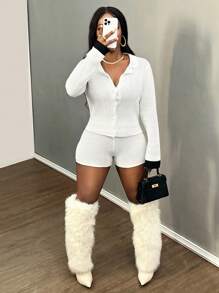 Slaydiva 2pcs Women's Casual Basic Hollow See-Through Long Sleeve Shirt And Elastic Waist Hollow See-Through Shorts Set - White - View 5