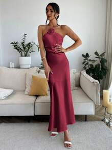 Firerie Women's 3D Flower Neck Tie Dress Elegant Graduation Formal Gown - Burgundy - View 2