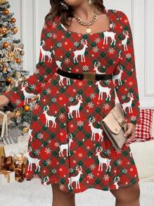 Flirla Đầm thường ngày dài tay ngắn in họa tiết cổ tròn cỡ lớn - Nhiều màu - Xem 3