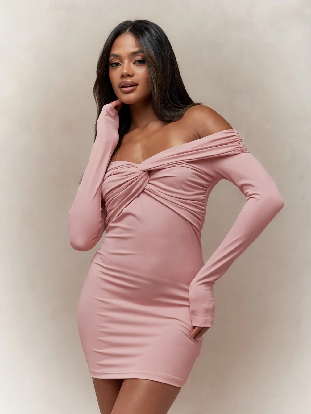 MISSGUIDED Twist Knot Detail Bust Off Shoulder Long Sleeves Bodycon Bardot Mini Dress｜MISSGUIDED