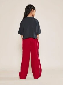 SUMWON Tween Girls Crop Fit Tee With Chicago Graphic Print And Nylon Red Pant With Piping Detail 2 Piece Set - Red - View 2