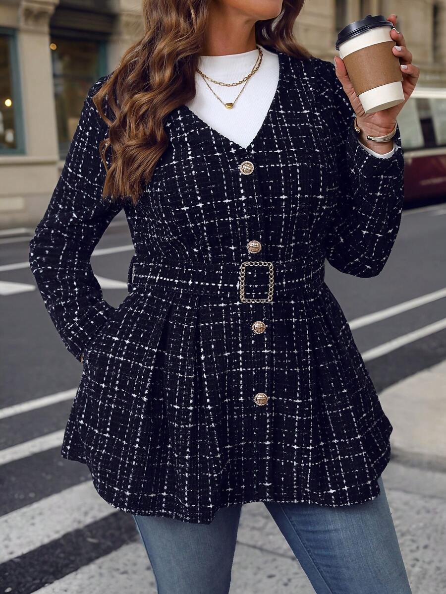 EMERY ROSE Cappotto invernale per donne taglie forti, con collo a V, maniche lunghe, elegante blazer aderente, stampa plaid, adatto per primavera e autunno - nero - Visualizzare 1