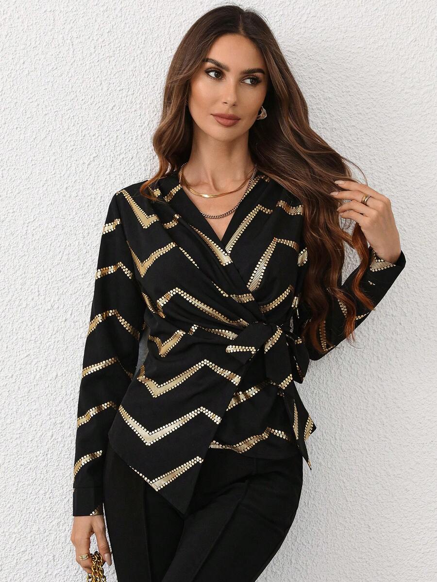 SHEIN Privé Camisa de Manga Longa Preta com Detalhe de Folha de Ouro e Amarração Frontal para Mulheres - Preto - Visão 1