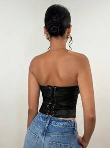 SHEIN BAE Women's Solid Color PU Leather Cropped Bustier Top, Fashionable Summer - Black - View 2