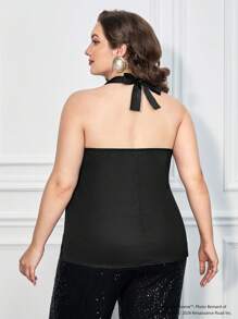 Marilyn Monroe X SHEIN Parte superior sin mangas con cuello de halter con estampado floral y de figuras para mujer de talla grande, verano - Negro - Ver 2